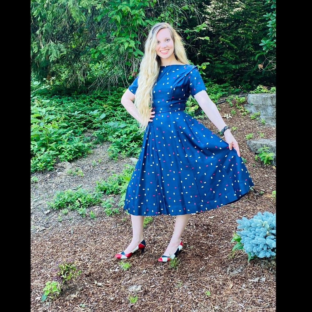 1950s JANE ANDRE Silk Red White and Blue Day Dress